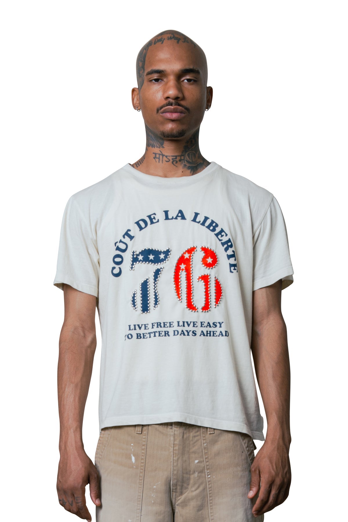 SAMMY CDLL 76 Embellished S/S T-Shirt in Vintage Cream, front view with navy and red studded 76 graphic