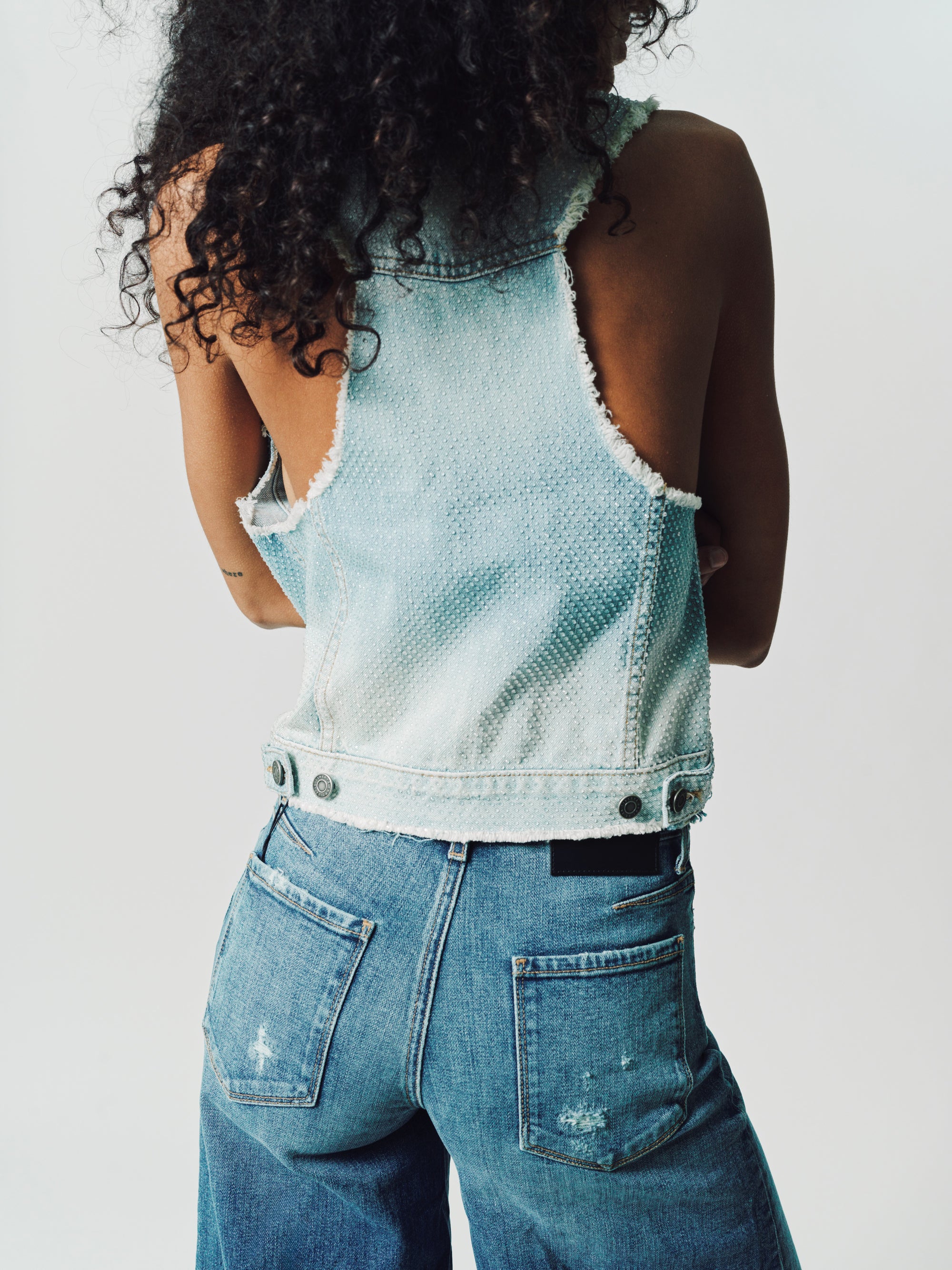 Savanah Crispy Denim Crystal Frayed Vest