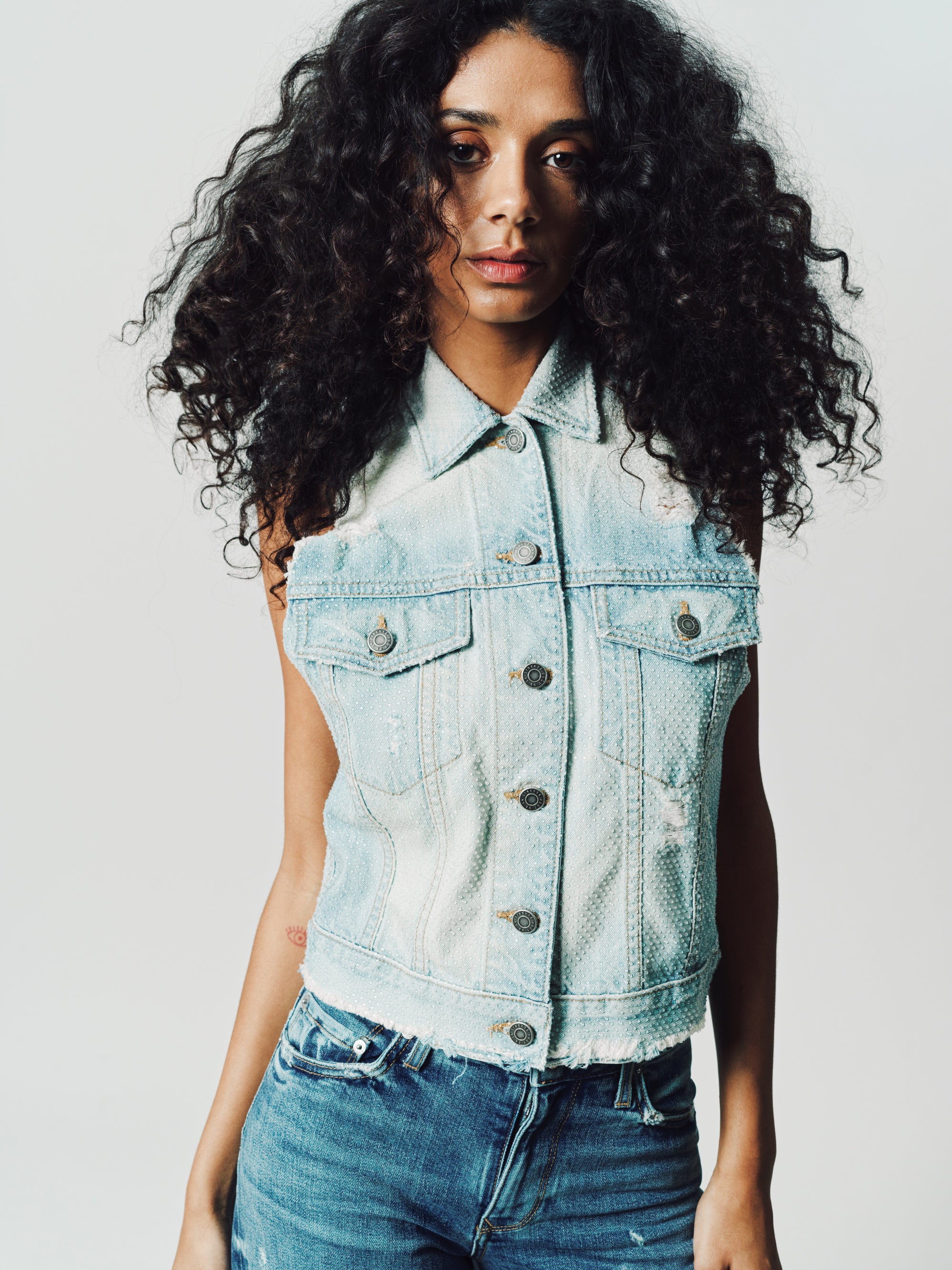 Savanah Crispy Denim Crystal Frayed Vest