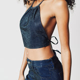 Olivia/Denim Halter Top/Small Crystals