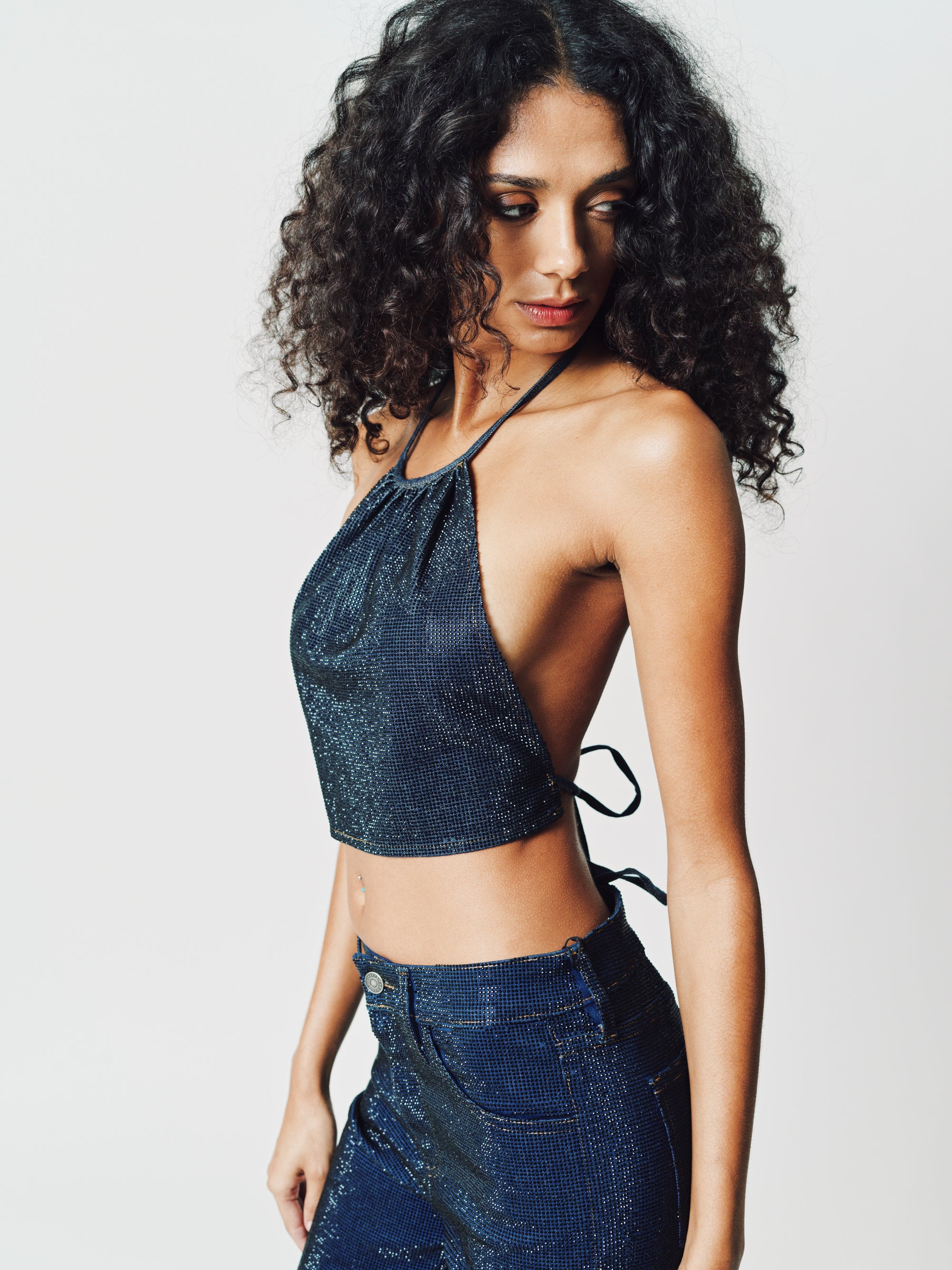 Olivia/Denim Halter Top/Small Crystals